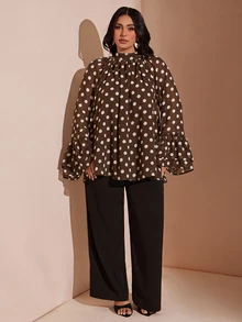 SHEIN BAE 大尺碼女款黑色波點雪紡荷葉邊上衣，優雅 80 年代 90 年代襯衫，度假上衣，適合下午茶、生日、秋季 - 棕色 - 查看 5