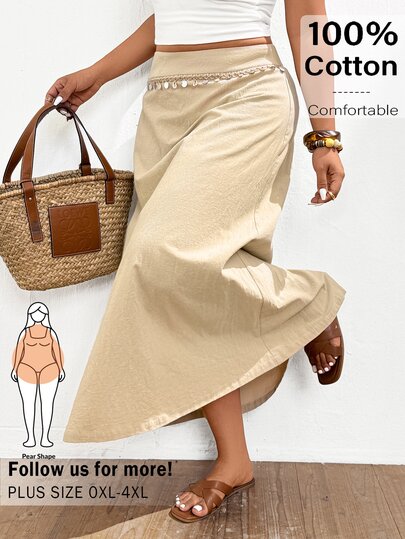 Lounesse Plus Size Women's High Waist Asymmetric Hem Skirt, Khaki, Autumn, Boho, Vacation, Holiday Woven Plain Light Skirts For Women Casual Outings Gym Fall