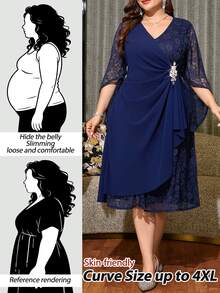 Reflora Plus Size Women's V-Neck Lace Patchwork Pleated Casual Elegant Party Formal Cocktail Formal Mother Of The Bride Wedding Dress Navy Blue Autumn Wedding - Blue - View 12
