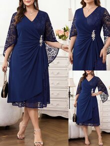 Reflora Plus Size Women's V-Neck Lace Patchwork Pleated Casual Elegant Party Formal Cocktail Formal Mother Of The Bride Wedding Dress Navy Blue Autumn Wedding - Blue - View 10