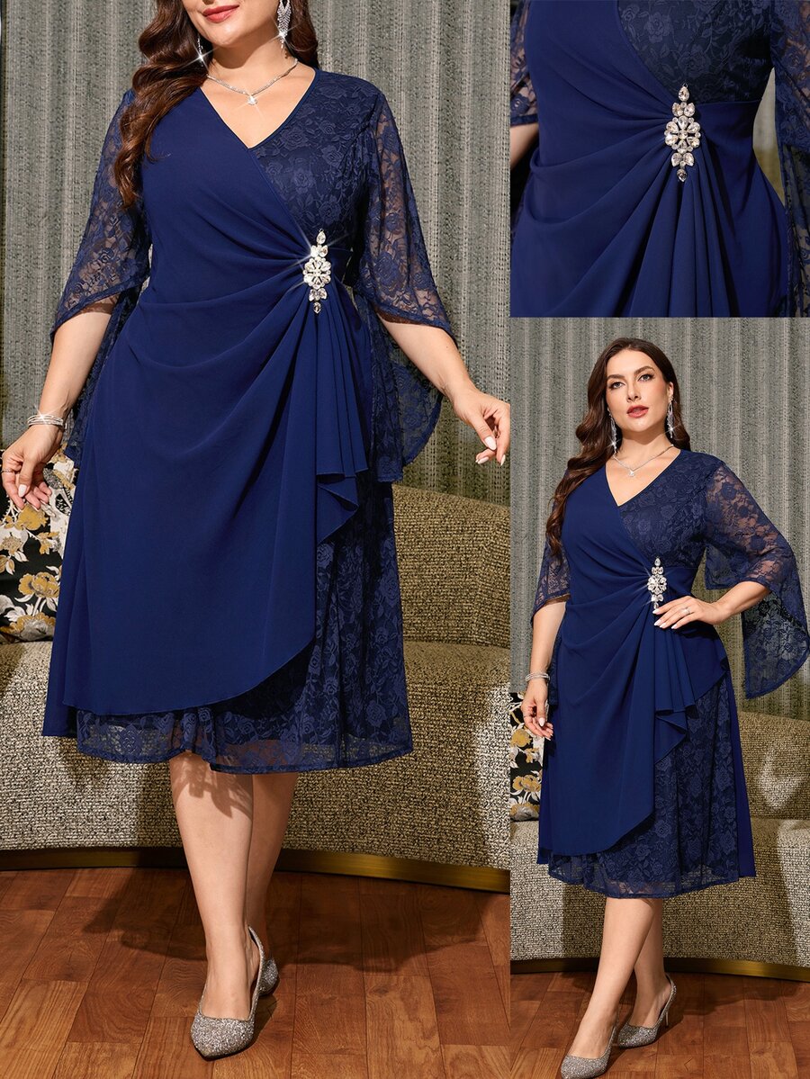 Reflora Plus Size Women's V-Neck Lace Patchwork Pleated Casual Elegant Party Formal Cocktail Formal Mother Of The Bride Wedding Dress Navy Blue Autumn Wedding