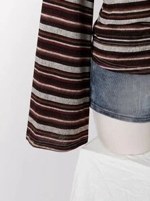 SHEIN ICON 大尺碼 Y2K 復古不對稱單肩針織收腰 T-shirt 上衣，休閒復古不對稱單肩領長袖上衣 - 棕色 - 查看 4