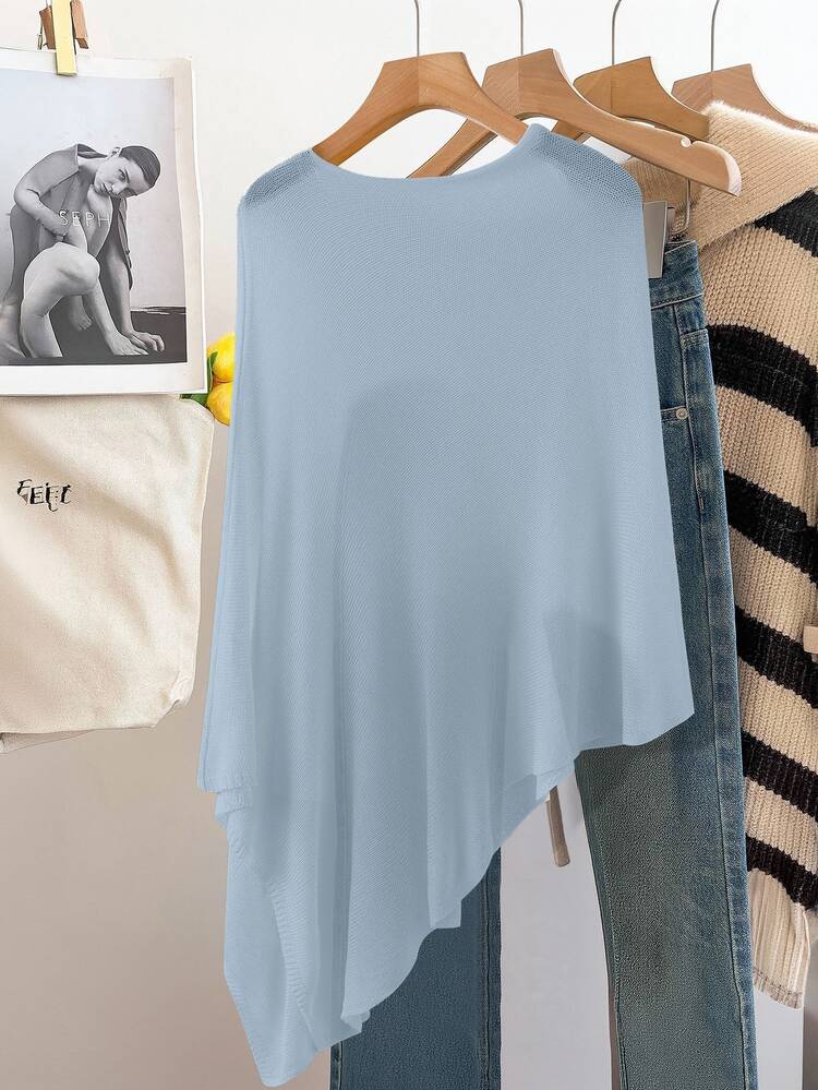 GlowEve CURVE Women's Casual Loose Vacation Style White Poncho Cardigan, Spring/Summer - Baby Blue - View 2