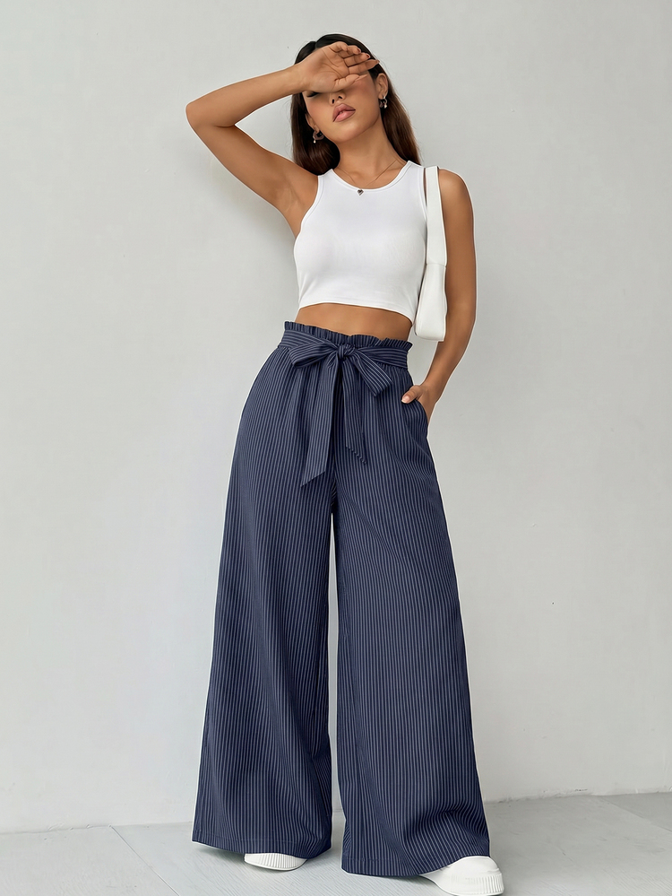 SHEIN Celana Panjang Longgar Wanita Kasual Serbaguna dengan Pita dan Saku, Cocok untuk Makan Siang, Liburan, Garis-garis Biru Putih dari Katun, dan Pakaian Kantor Musim Gugur - Navy Blue - View 6