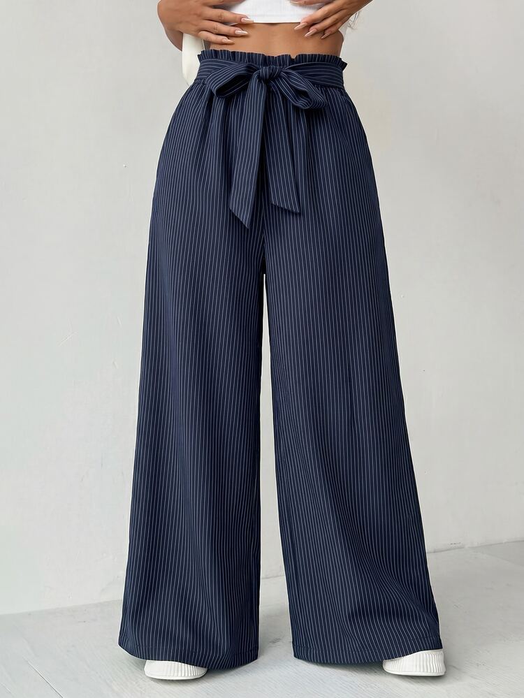 SHEIN Celana Panjang Longgar Wanita Kasual Serbaguna dengan Pita dan Saku, Cocok untuk Makan Siang, Liburan, Garis-garis Biru Putih dari Katun, dan Pakaian Kantor Musim Gugur - Navy Blue - View 5