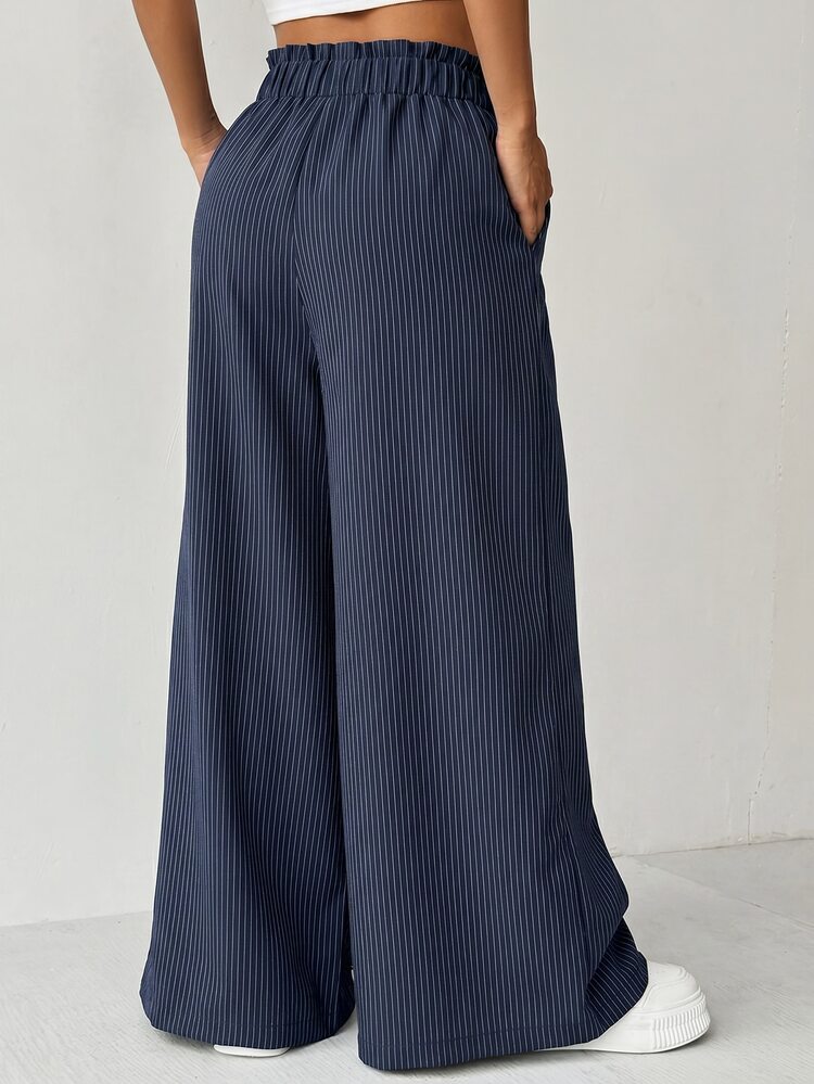 SHEIN Celana Panjang Longgar Wanita Kasual Serbaguna dengan Pita dan Saku, Cocok untuk Makan Siang, Liburan, Garis-garis Biru Putih dari Katun, dan Pakaian Kantor Musim Gugur - Navy Blue - View 2