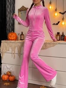 SHEIN Tween Girls Casual Solid Tween Girl Color Velvet Long Sleeve Top And Flare Pants 2 Pieces Set, Suitable For Autumn/Winter, Daily Wear - Dusty Pink - View 8