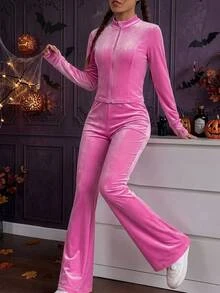SHEIN Tween Girls Casual Solid Tween Girl Color Velvet Long Sleeve Top And Flare Pants 2 Pieces Set, Suitable For Autumn/Winter, Daily Wear - Dusty Pink - View 6