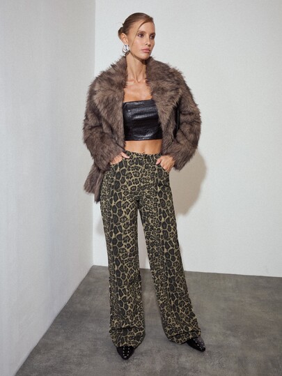 MOTF PREMIUM Urban Modern Denim Effect Leopard Print Matte PU Long Pants Autumn/Winter