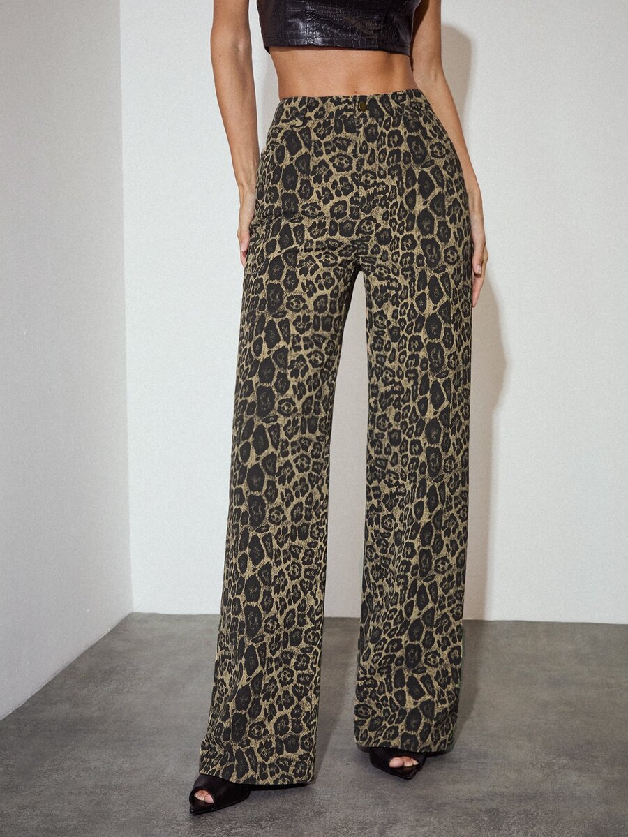 MOTF PREMIUM Urban Modern Denim Effect Leopard Print Matte PU Long Pants Autumn/Winter - Khaki - View 1
