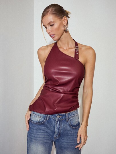 MOTF PREMIUM Top corto de PU con cuello halter y fruncido