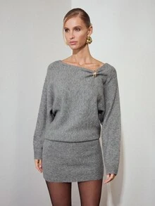 MOTF PREMIUM ASYMMETRICAL SHOULDER BUCKLE FITTED SHORT KNIT DRESS - Grey - View 8