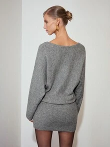 MOTF PREMIUM ASYMMETRICAL SHOULDER BUCKLE FITTED SHORT KNIT DRESS - Grey - View 3