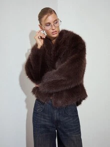 MOTF PREMIUM LARGE LAPEL FAUX FUR COAT WITH BUCKLE DECORATION - Coffee Brown - View 5