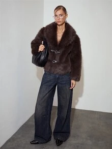 MOTF PREMIUM LARGE LAPEL FAUX FUR COAT WITH BUCKLE DECORATION - Coffee Brown - View 6