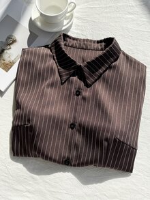 SHEIN EZwear 大尺碼女款棕色條紋翻領單排扣長袖襯衫，優雅正式秋季休閒辦公女裝襯衫，新年派對適用 - 棕色 - 查看 7