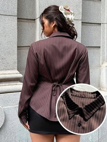 SHEIN EZwear 大尺碼女款棕色條紋翻領單排扣長袖襯衫，優雅正式秋季休閒辦公女裝襯衫，新年派對適用 - 棕色 - 查看 8