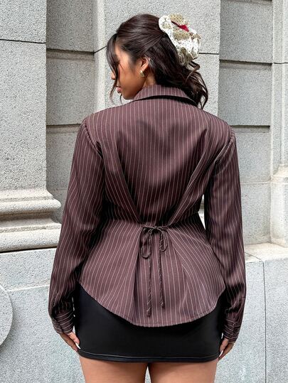 SHEIN EZwear قميص كاجوال طويل الأكمام للنساء ذوات الحجم الكبير، ذو طوق مخطط وأزرار أمامية، متعدد الاستخدامات للارتداء اليومي