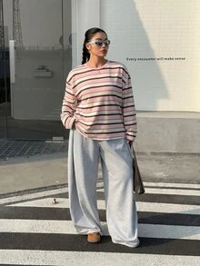 Muchica 2026春夏新款加大码圆领落肩长袖条纹宽松休闲T恤，女款休闲宽松撞色条纹长袖T恤，适合外出、返校、街头风、Y2K风格。 - 彩色 - 查看 6