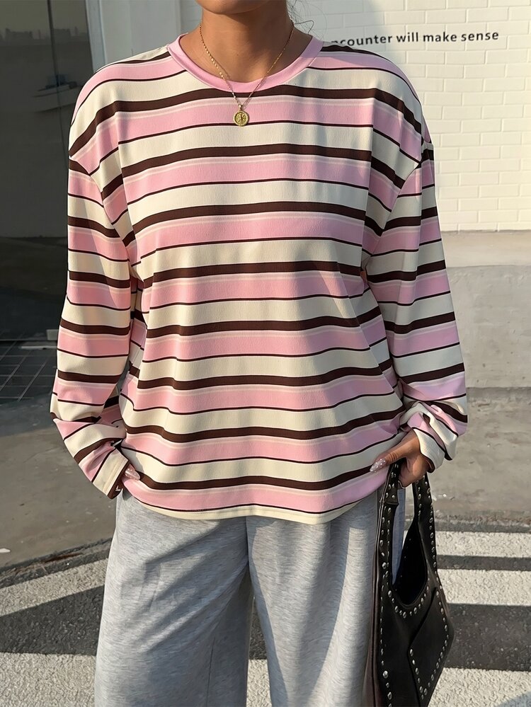 Muchica Women's Plus Size Crew Neck Drop Shoulder Long Sleeve Pink Loose T-Shirt,Autumn,Oversized 90s Traditional Whimsical,School,Back-To-School,Streetwear - Multicolor - View 7