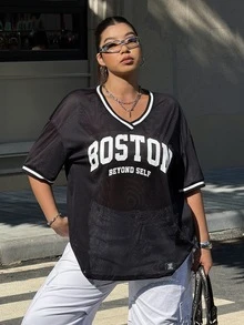 SHEIN EZwear Plus Size Contrast Color Letter Graphic Mesh T-Shirt, Summer - Black - View 4