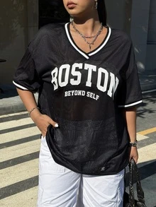 SHEIN EZwear Plus Size Contrast Color Letter Graphic Mesh T-Shirt, Summer - Black - View 2