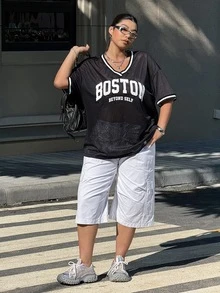 SHEIN EZwear Plus Size Contrast Color Letter Graphic Mesh T-Shirt, Summer - Black - View 5
