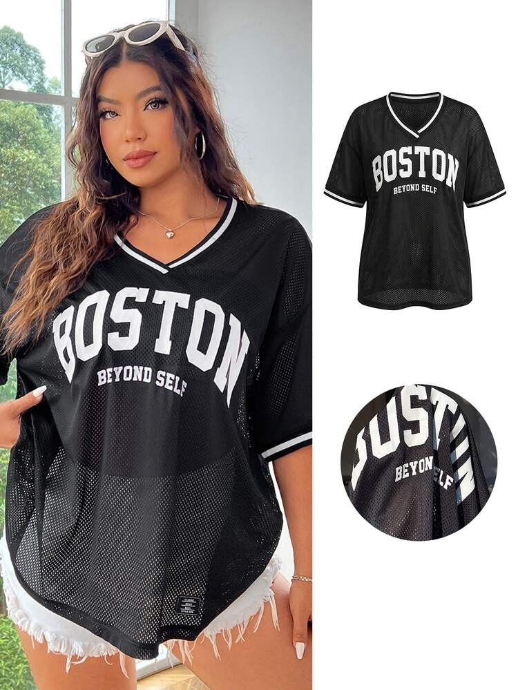 SHEIN EZwear Plus Size Contrast Color Letter Graphic Mesh T-Shirt, Summer - Black - View 6