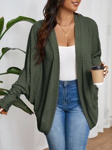 SHEIN Frenchy Plus Size Casual Normal Elegant Curve Loose Ribbed Knit Cardigan Sweater,Fall Clothes For Women Winter Autumn Office Formal Cardigan Fall/Winter - Army Green - View 6