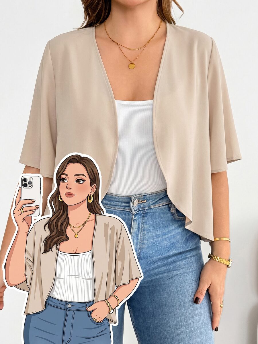 SHEIN Essnce Plus-Size Women's Elegant Normal Semi Formal Short-Sleeved Cardigan, Casual Comfortable Basic Versatile Summer Coats, Autumn Office Work Wear Tops
