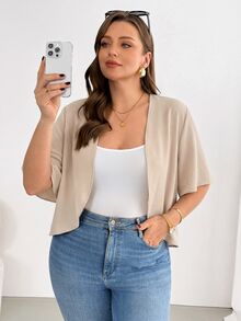 SHEIN Essnce 大尺碼女款優雅休閒半正式短袖開襟衫，舒適百搭基本款夏季外套，秋季辦公通勤上衣 - 卡其色 - 查看 5