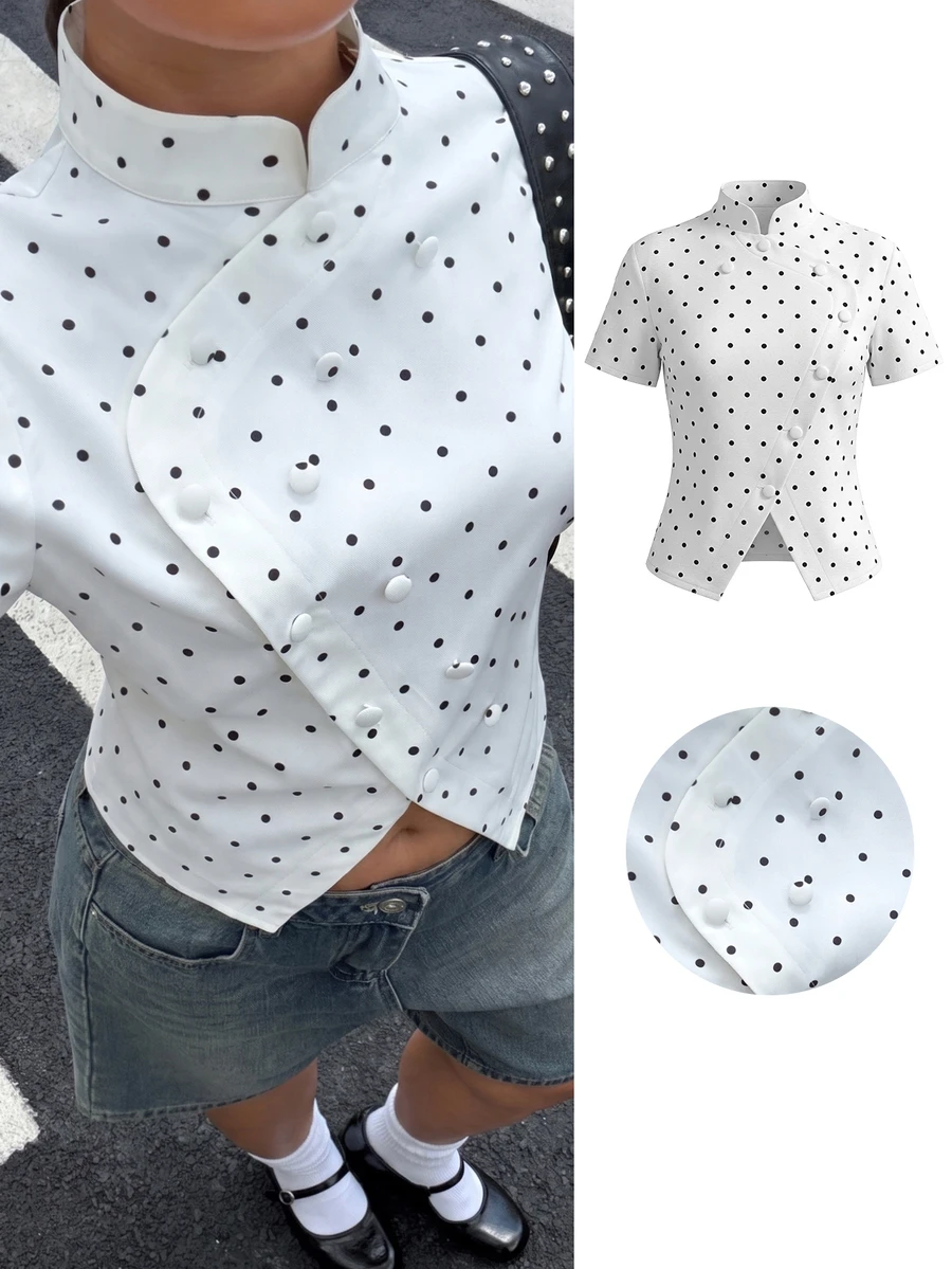 Muchica Plus Size Women Polka Dot Casual Versatile Daily Wear Shirt Fall - Black and White - View 1