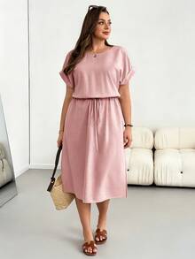 Shapeblank Gaun Midi Kasual Musim Panas Lengan Pendek Ukuran Plus yang Mempertegas Pinggang - Dusty Pink - View 8