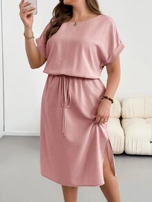 Shapeblank Gaun Midi Kasual Musim Panas Lengan Pendek Ukuran Plus yang Mempertegas Pinggang - Dusty Pink - View 4