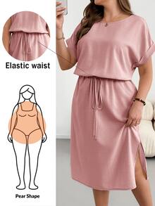 Shapeblank Gaun Midi Kasual Musim Panas Lengan Pendek Ukuran Plus yang Mempertegas Pinggang - Dusty Pink - View 2