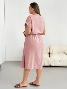 Shapeblank Gaun Midi Kasual Musim Panas Lengan Pendek Ukuran Plus yang Mempertegas Pinggang - Dusty Pink - View 3