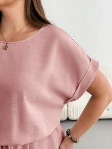 Shapeblank Gaun Midi Kasual Musim Panas Lengan Pendek Ukuran Plus yang Mempertegas Pinggang - Dusty Pink - View 7