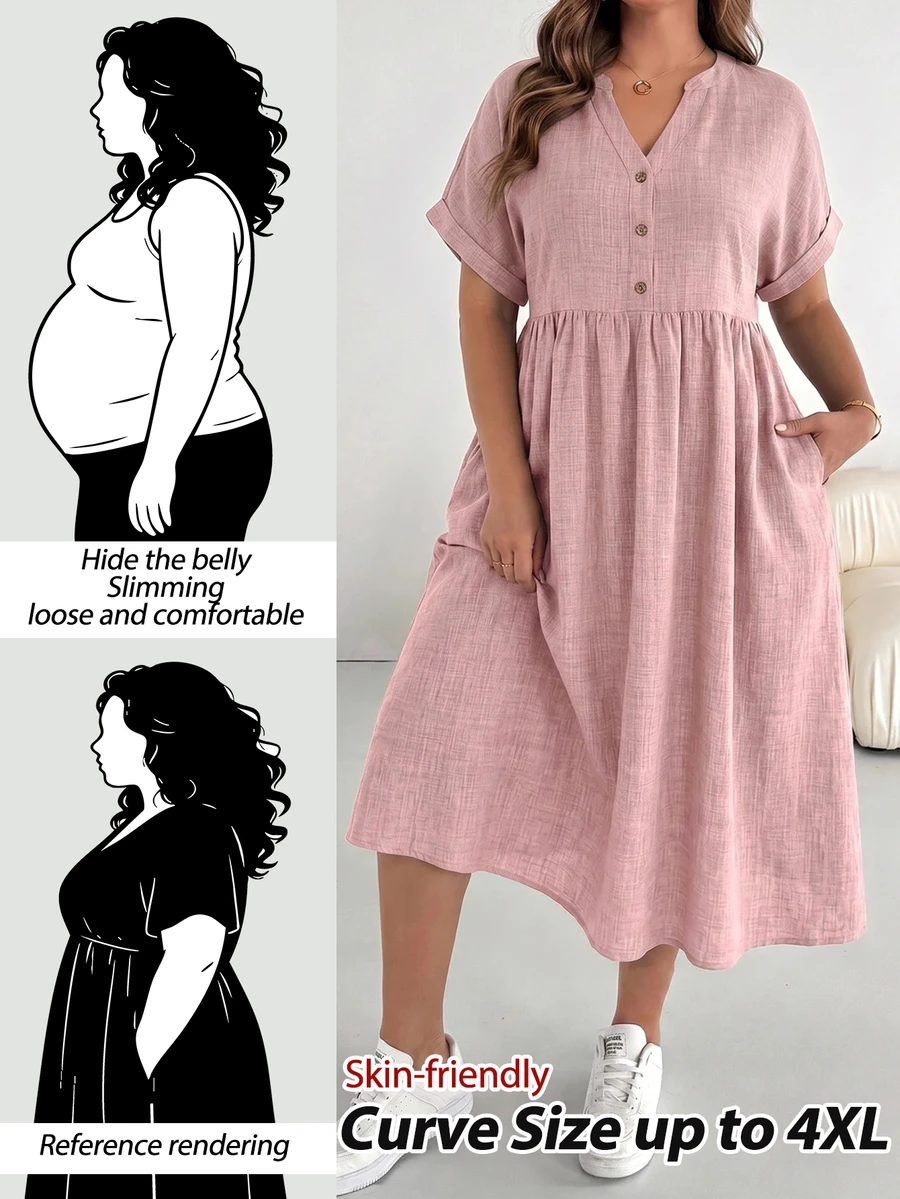 Shapeblank Plus-Size Women's Spring/Summer Fashionable Casual Loose Comfortable Everyday Basic Versatile Dusty Pink Vacation
