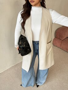 Auralis Plus Size Women Solid Color Pocket Casual Versatile Daily Wear Jacket Elegant Office Business Work Autumn Khaki - Khaki - View 5