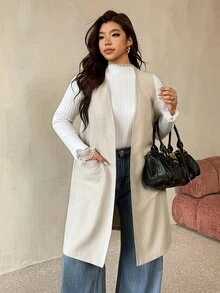 Auralis Plus Size Women Solid Color Pocket Casual Versatile Daily Wear Jacket Elegant Office Business Work Autumn Khaki - Khaki - View 7