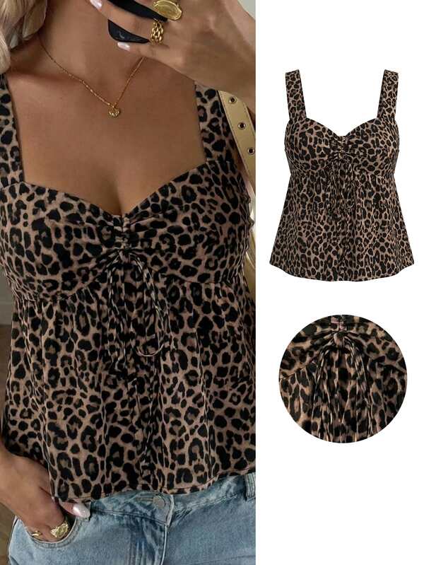 Muchica Women's Casual Drawstring Tank Top, Outing Top, Vacation Top, Cute Summer Top, Leopard Print Plus Size Tank Top