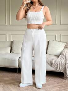 SHEIN EZwear 白色休閒優雅素色舒適針織女款直筒長褲，適合秋季辦公、正式場合、約會之夜與正式工作穿著 - 白色 - 查看 4