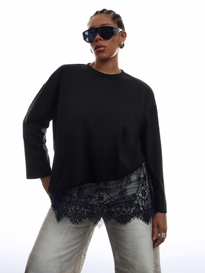 LYSMO Casual Elegant Solid Color Lace Patchwork Plus Size Women's T-Shirt Club Night Evening Dinner Vacation Date Brunch Formal Black Autumn Fall