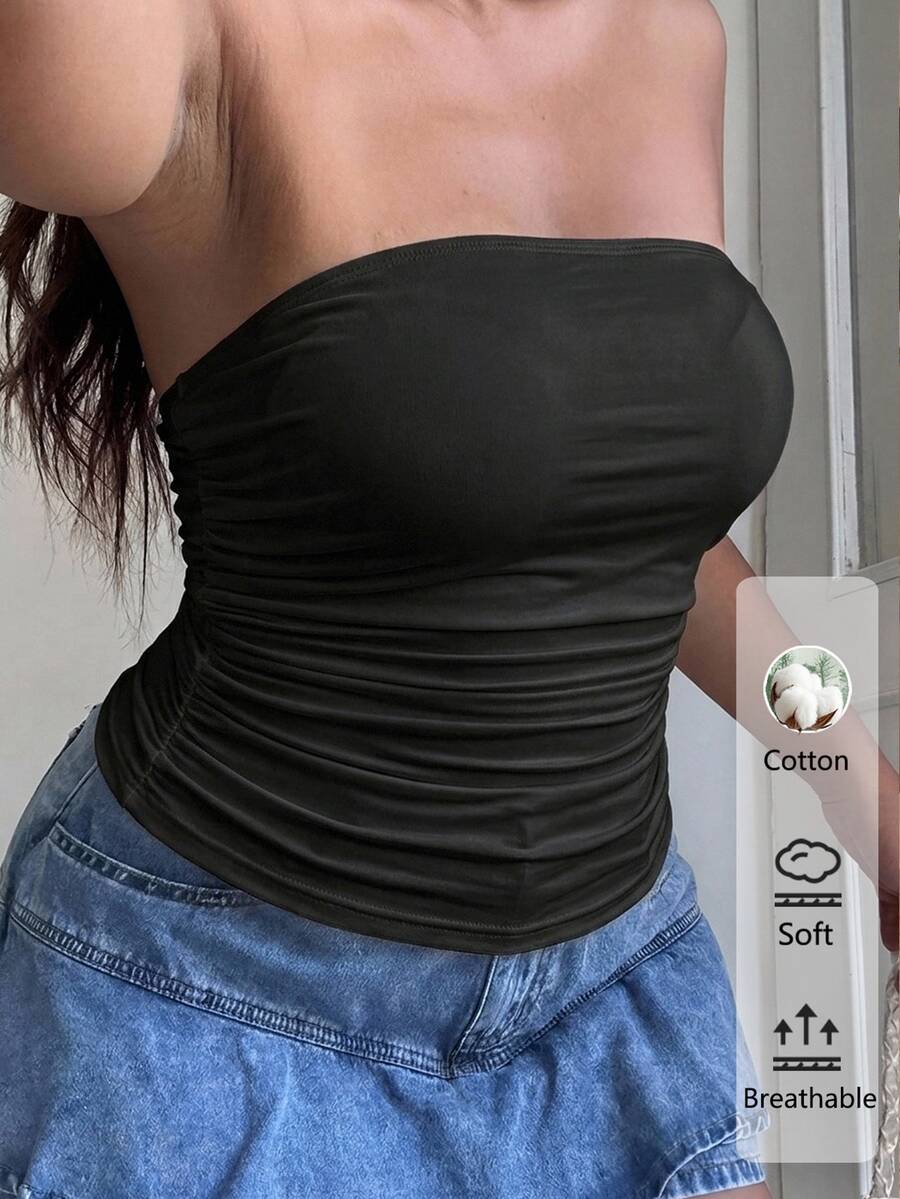 GalTyme Plus Size Solid Color Ruched Fitted Versatile Daily Wear Tube Top