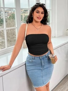 GalTyme Plus Size Solid Color Ruched Fitted Versatile Daily Wear Tube Top - Black - View 6