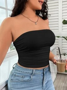 GalTyme Plus Size Solid Color Ruched Fitted Versatile Daily Wear Tube Top - Black - View 9