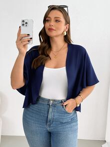 SHEIN Essnce 大码女装春夏时尚休闲舒适日常百搭短袖黑色开衫，夏季外套，外出上衣，办公穿着，度假装扮 - 藏蓝色 - 查看 5