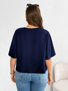 SHEIN Essnce 大码女装春夏时尚休闲舒适日常百搭短袖黑色开衫，夏季外套，外出上衣，办公穿着，度假装扮 - 藏蓝色 - 查看 3