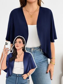 SHEIN Essnce 大码女装春夏时尚休闲舒适日常百搭短袖黑色开衫，夏季外套，外出上衣，办公穿着，度假装扮 - 藏蓝色 - 查看 10