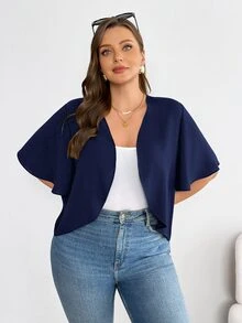 SHEIN Essnce 大码女装春夏时尚休闲舒适日常百搭短袖黑色开衫，夏季外套，外出上衣，办公穿着，度假装扮 - 藏蓝色 - 查看 4